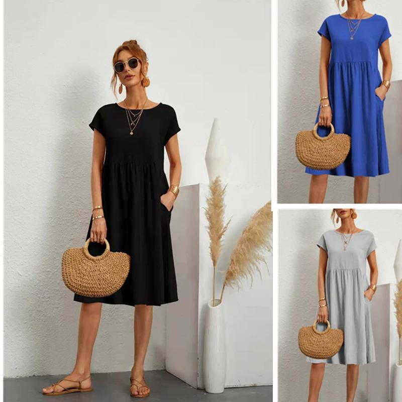 2023 New Women Summer Dress Casual Elegant Solid Short Sleeve Knee Dresses Female Loose Holiday Beach Sundress Vesti